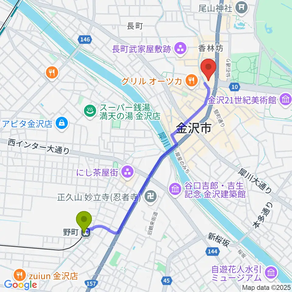 金沢シネモンドの最寄駅野町駅からの徒歩ルート（約21分）地図