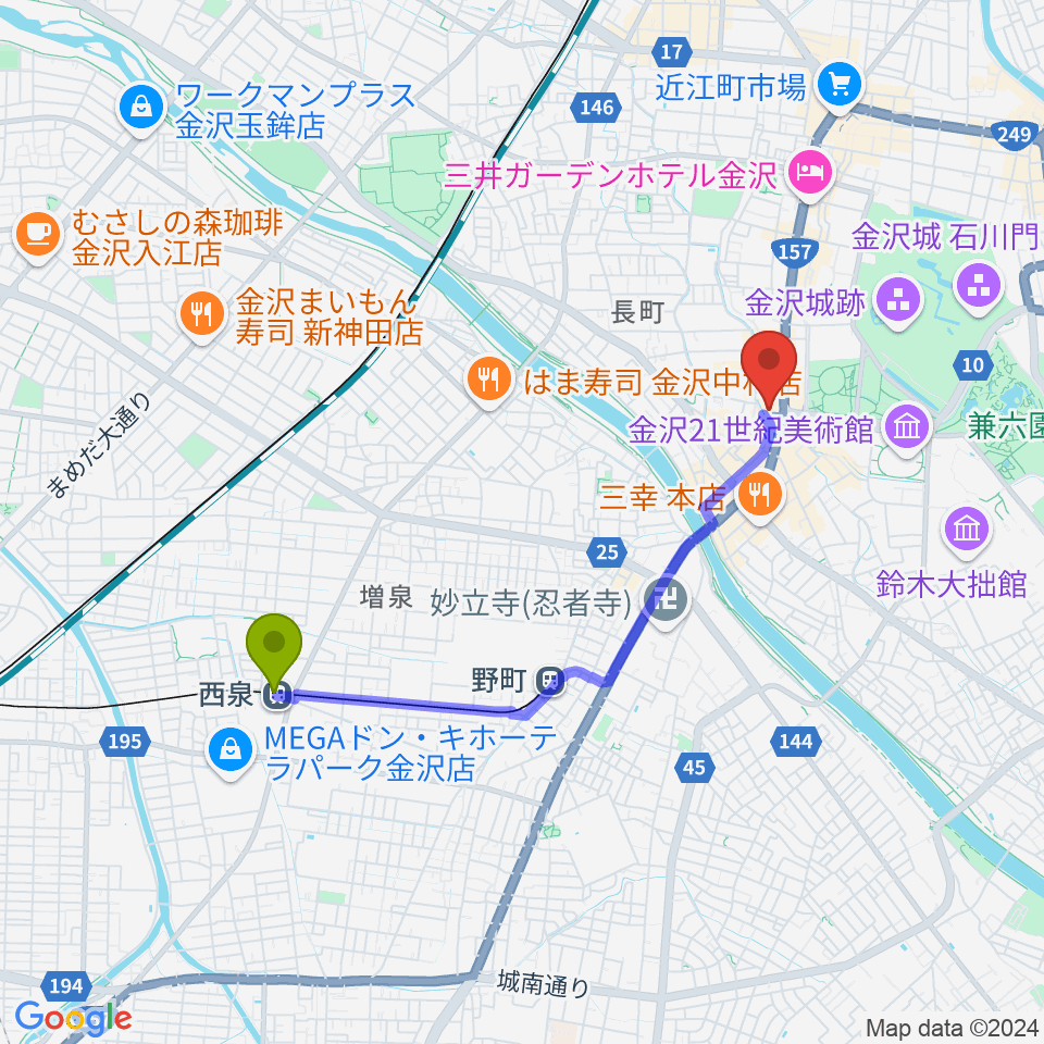 西泉駅から金沢シネモンドへのルートマップ地図