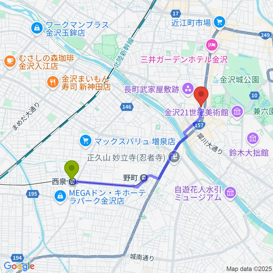 西泉駅から金沢シネモンドへのルートマップ地図