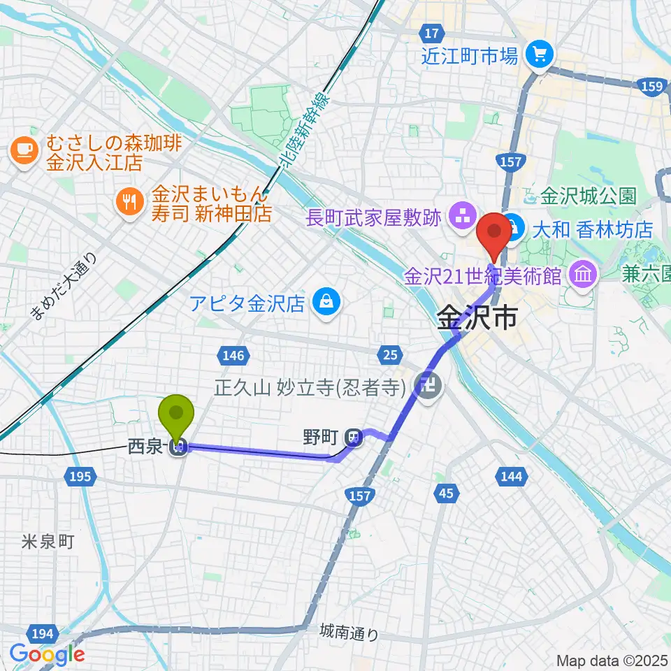 西泉駅から金沢シネモンドへのルートマップ地図