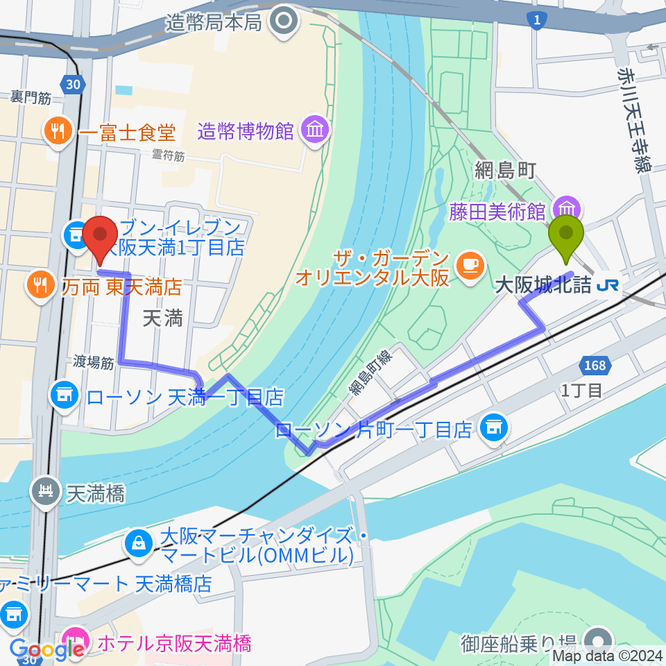 大阪城北詰駅からクロスフェイズスタジオへのルートマップ地図