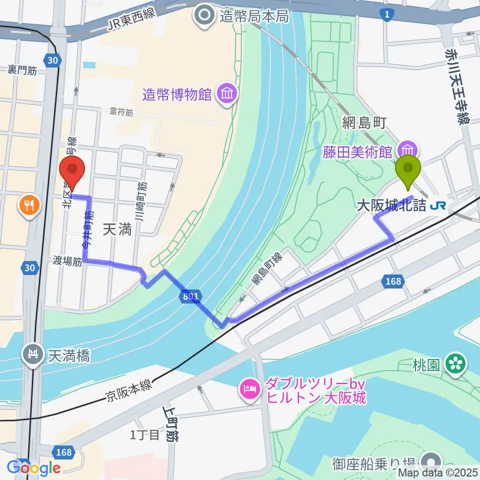大阪城北詰駅からクロスフェイズスタジオへのルートマップ地図