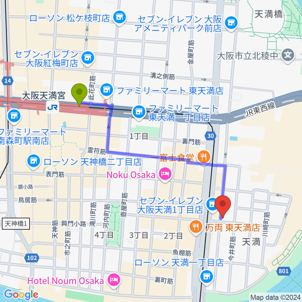 大阪天満宮駅からクロスフェイズスタジオへのルートマップ地図