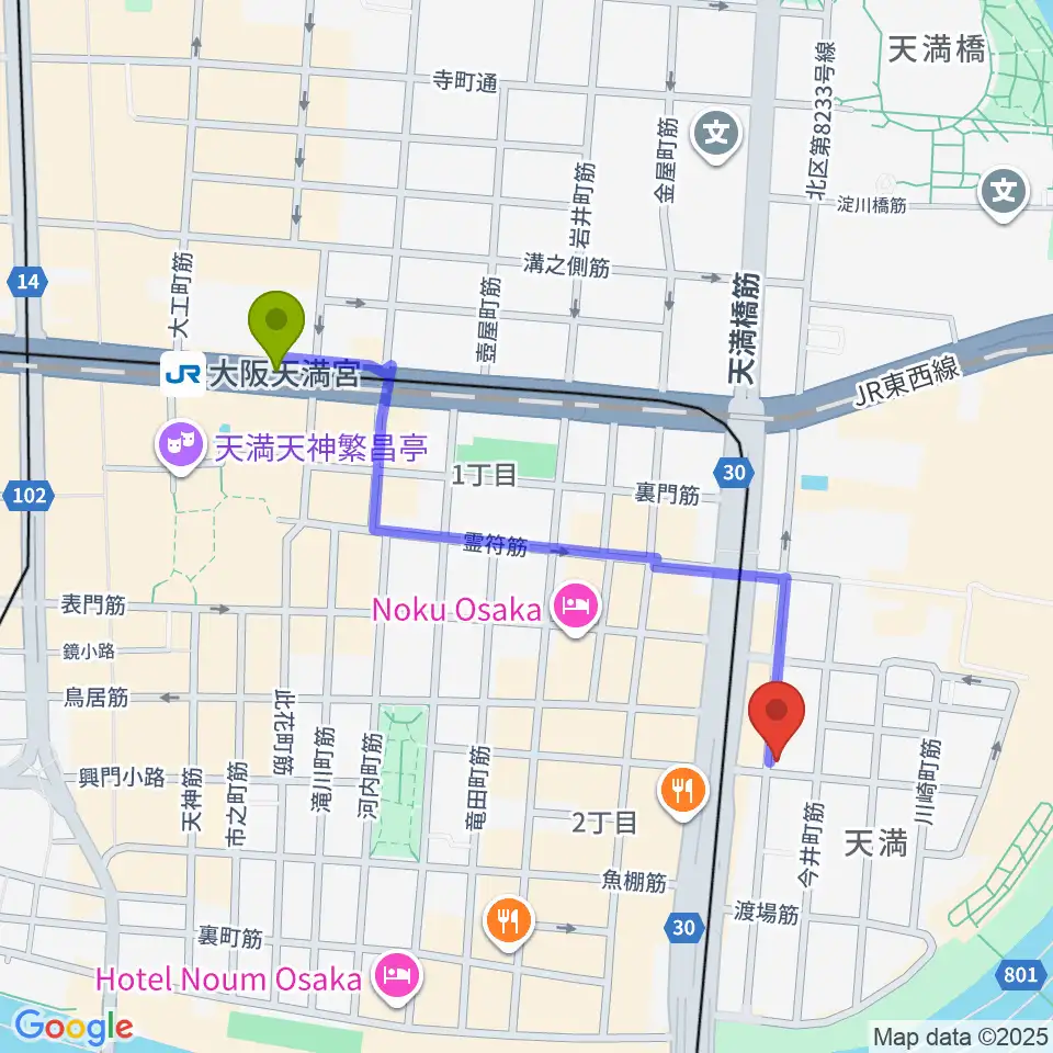 大阪天満宮駅からクロスフェイズスタジオへのルートマップ地図