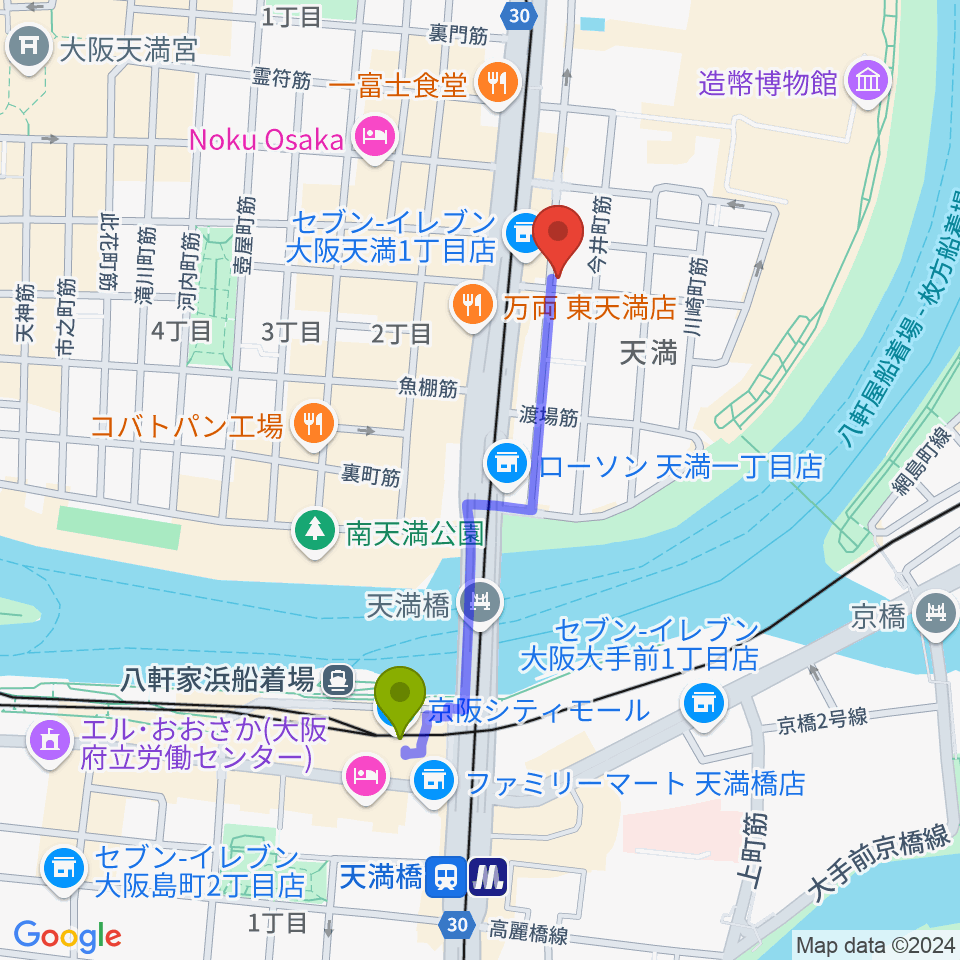 クロスフェイズスタジオの最寄駅天満橋駅からの徒歩ルート（約8分）地図