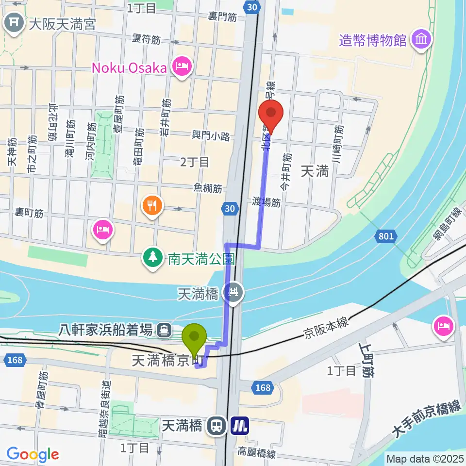 クロスフェイズスタジオの最寄駅天満橋駅からの徒歩ルート（約8分）地図