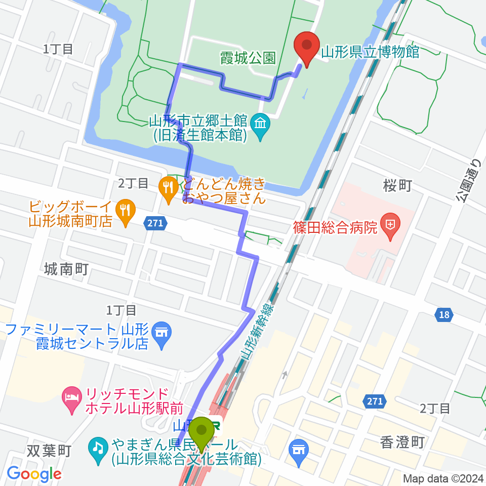 山形県立博物館の最寄駅山形駅からの徒歩ルート（約12分）地図