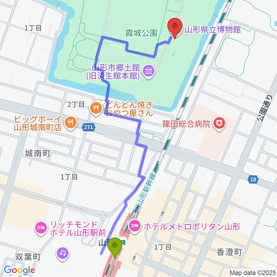 山形県立博物館の最寄駅山形駅からの徒歩ルート（約12分）地図