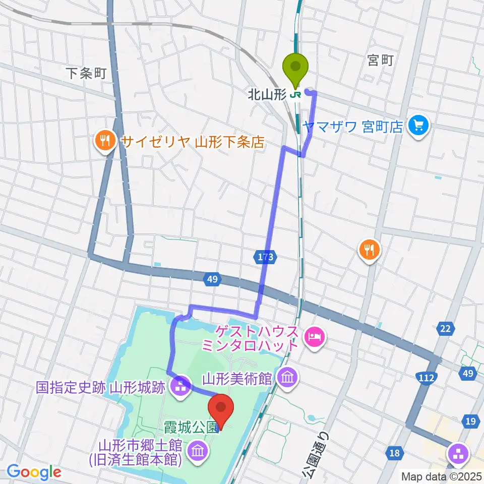 北山形駅から山形県立博物館へのルートマップ地図