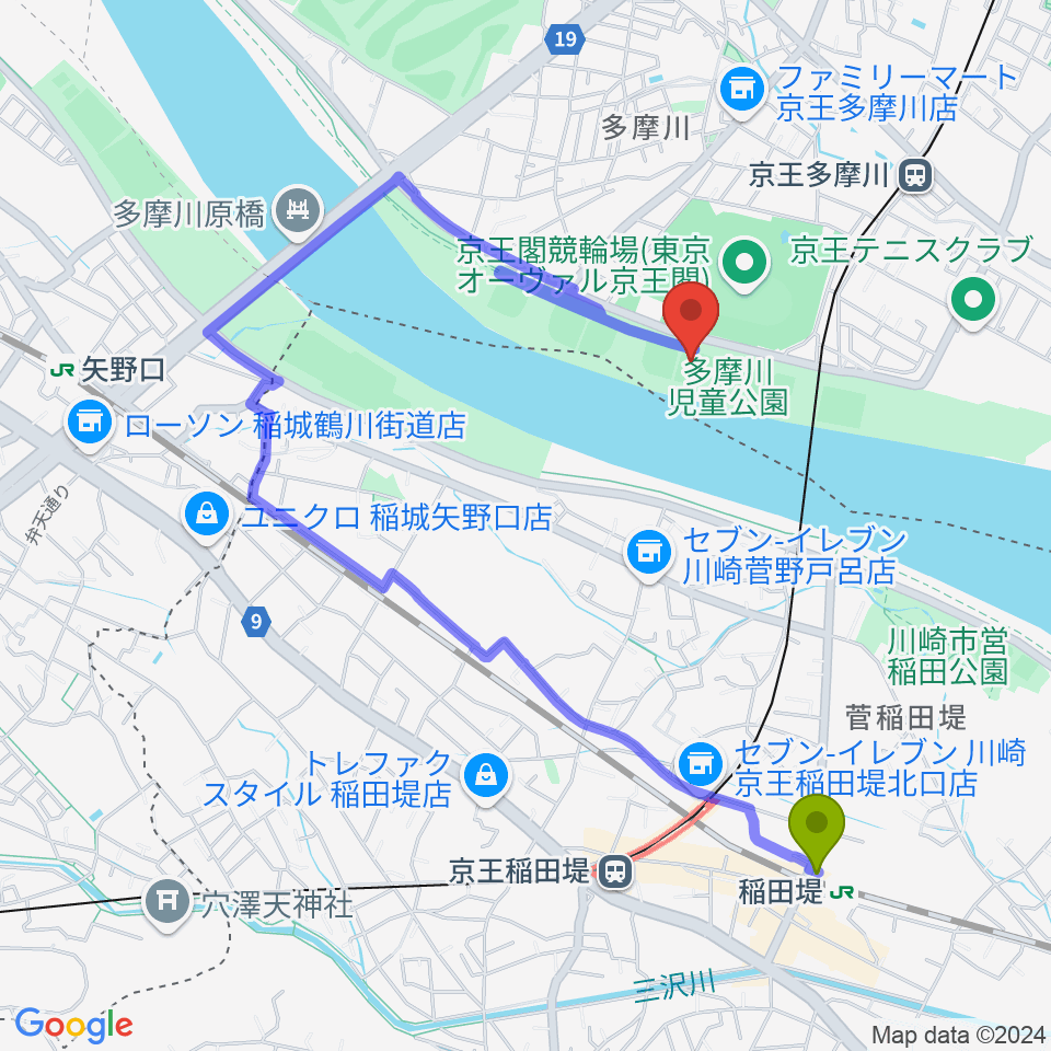 稲田堤駅から多摩川児童公園少年野球場へのルートマップ地図