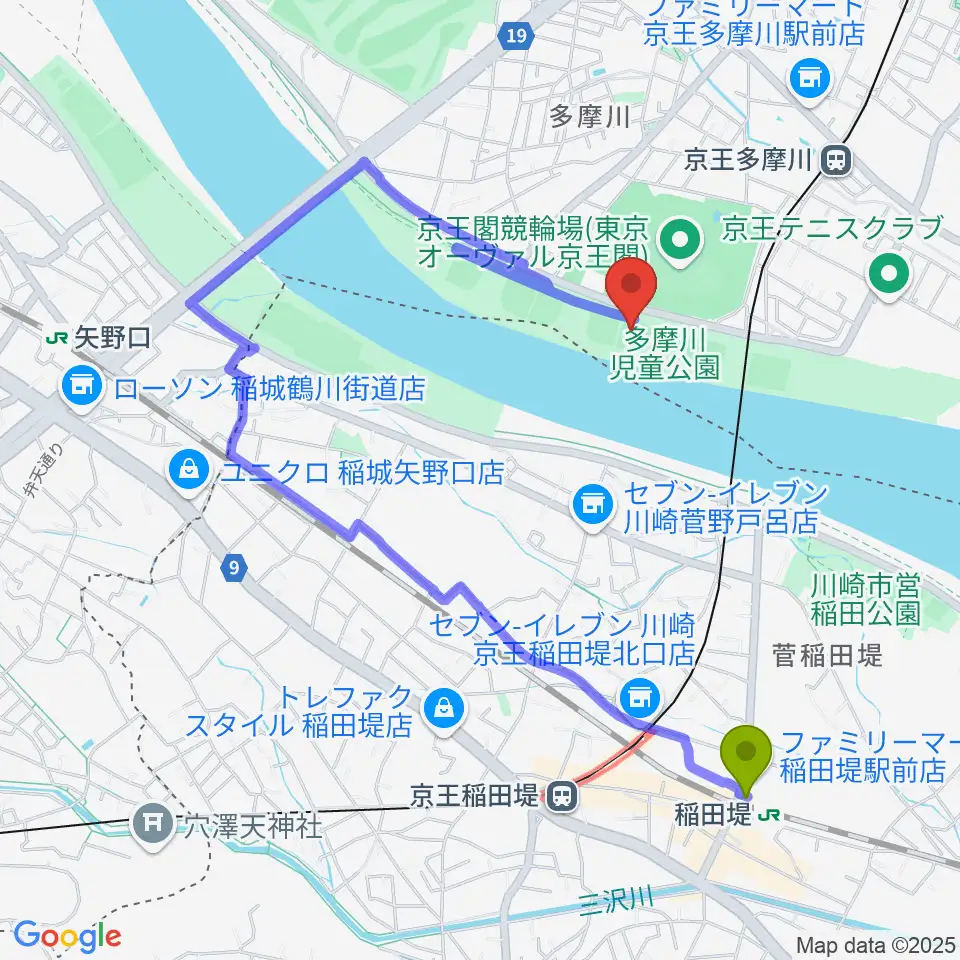 稲田堤駅から多摩川児童公園少年野球場へのルートマップ地図