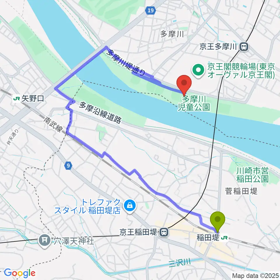 稲田堤駅から多摩川児童公園少年野球場へのルートマップ地図