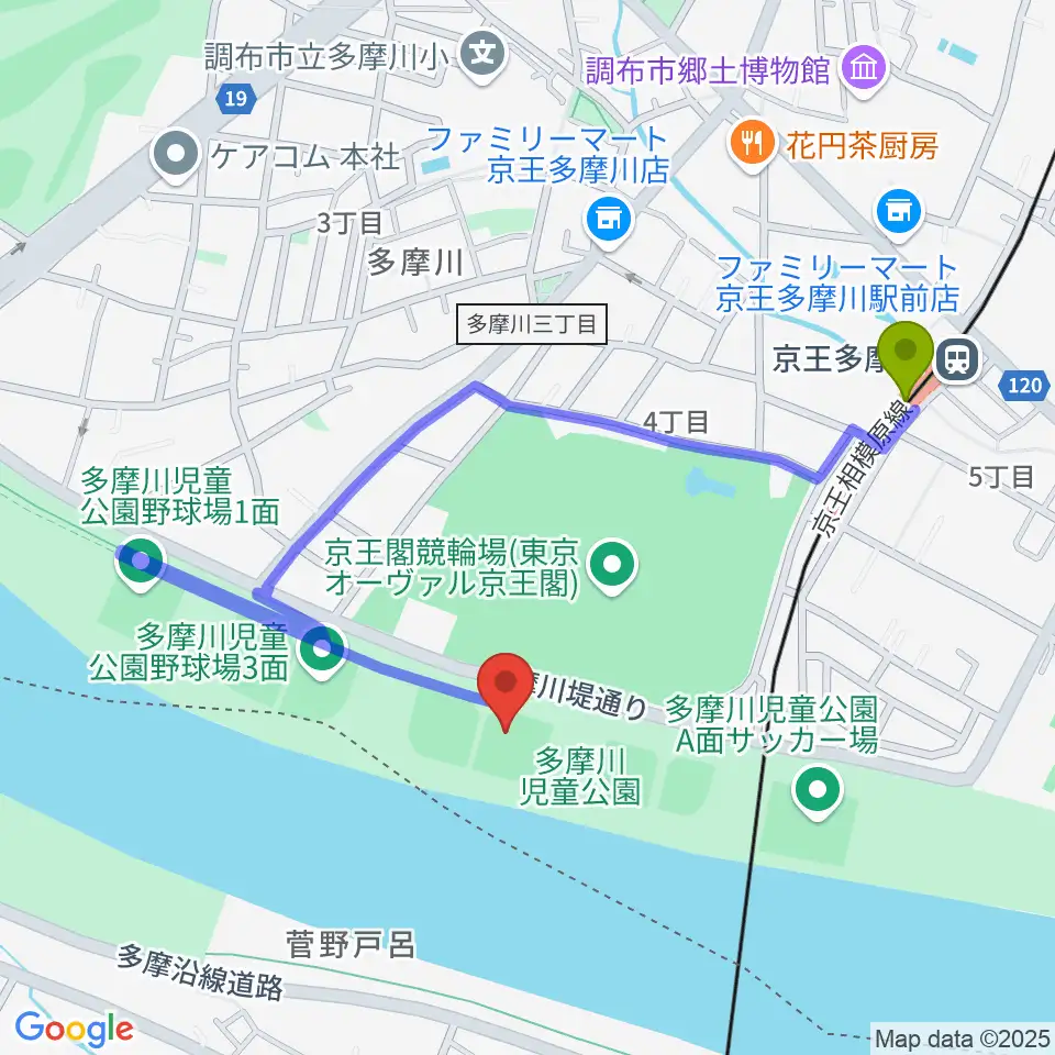 多摩川児童公園少年野球場の最寄駅京王多摩川駅からの徒歩ルート（約8分）地図