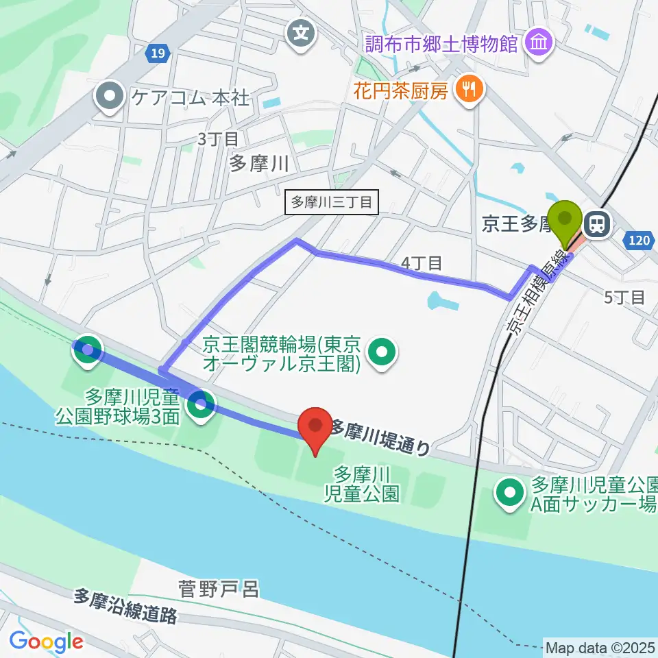 多摩川児童公園少年野球場の最寄駅京王多摩川駅からの徒歩ルート（約8分）地図