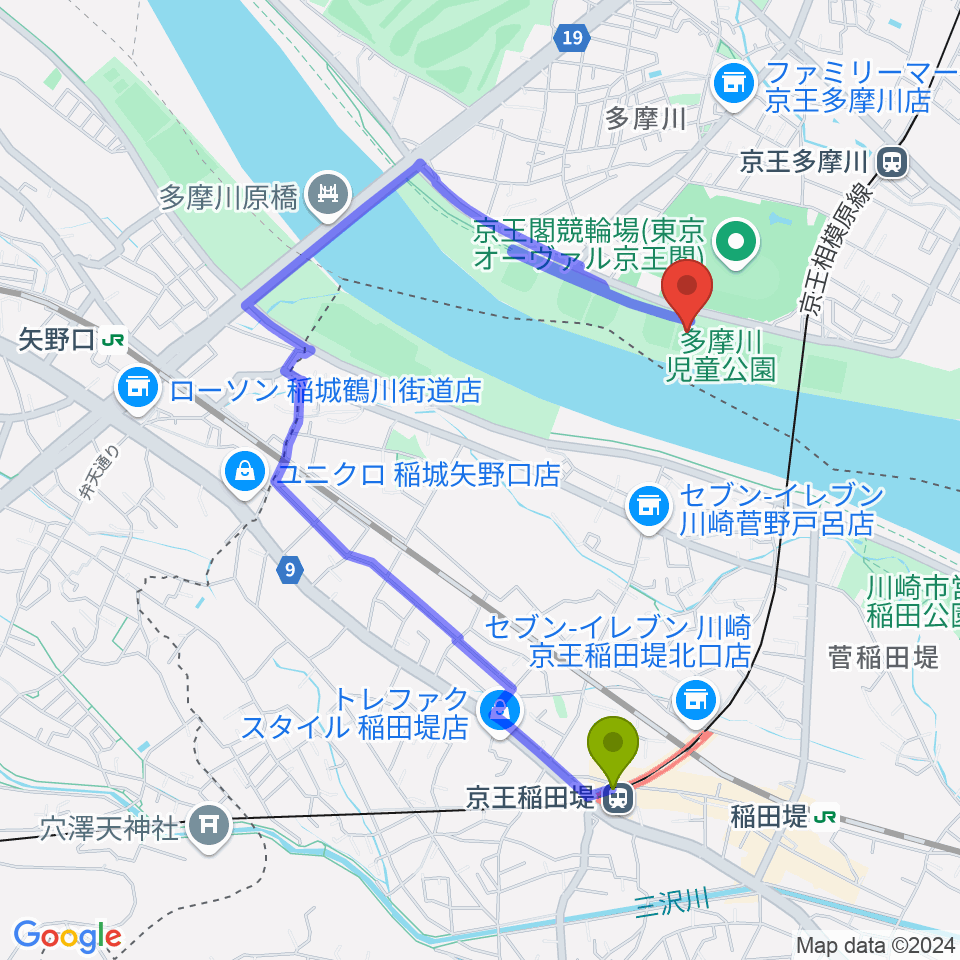 京王稲田堤駅から多摩川児童公園少年野球場へのルートマップ地図