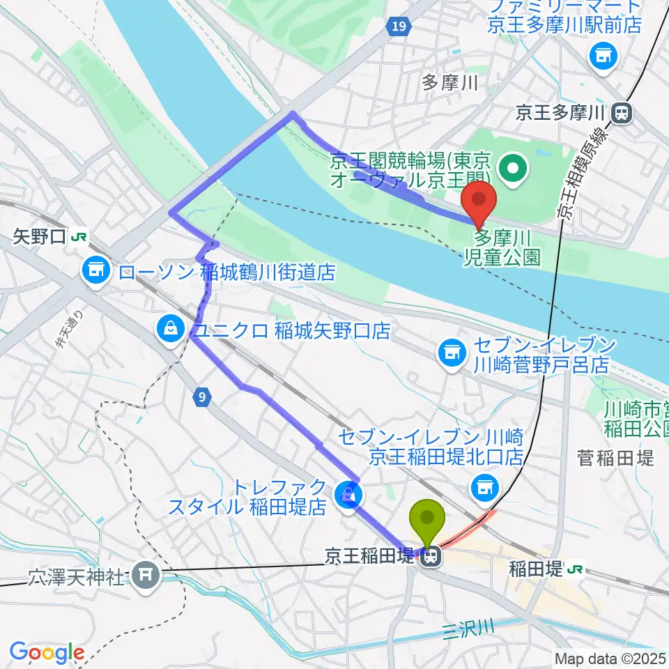 京王稲田堤駅から多摩川児童公園少年野球場へのルートマップ地図