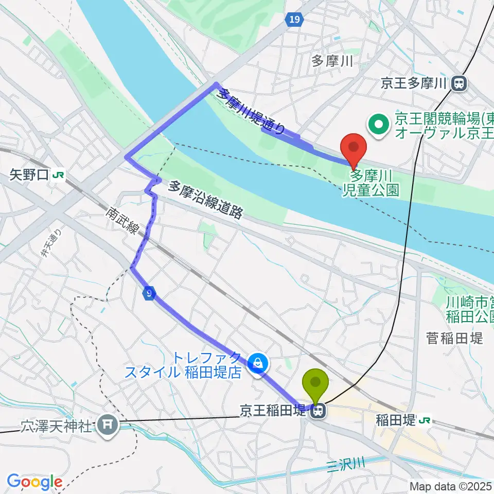 京王稲田堤駅から多摩川児童公園少年野球場へのルートマップ地図