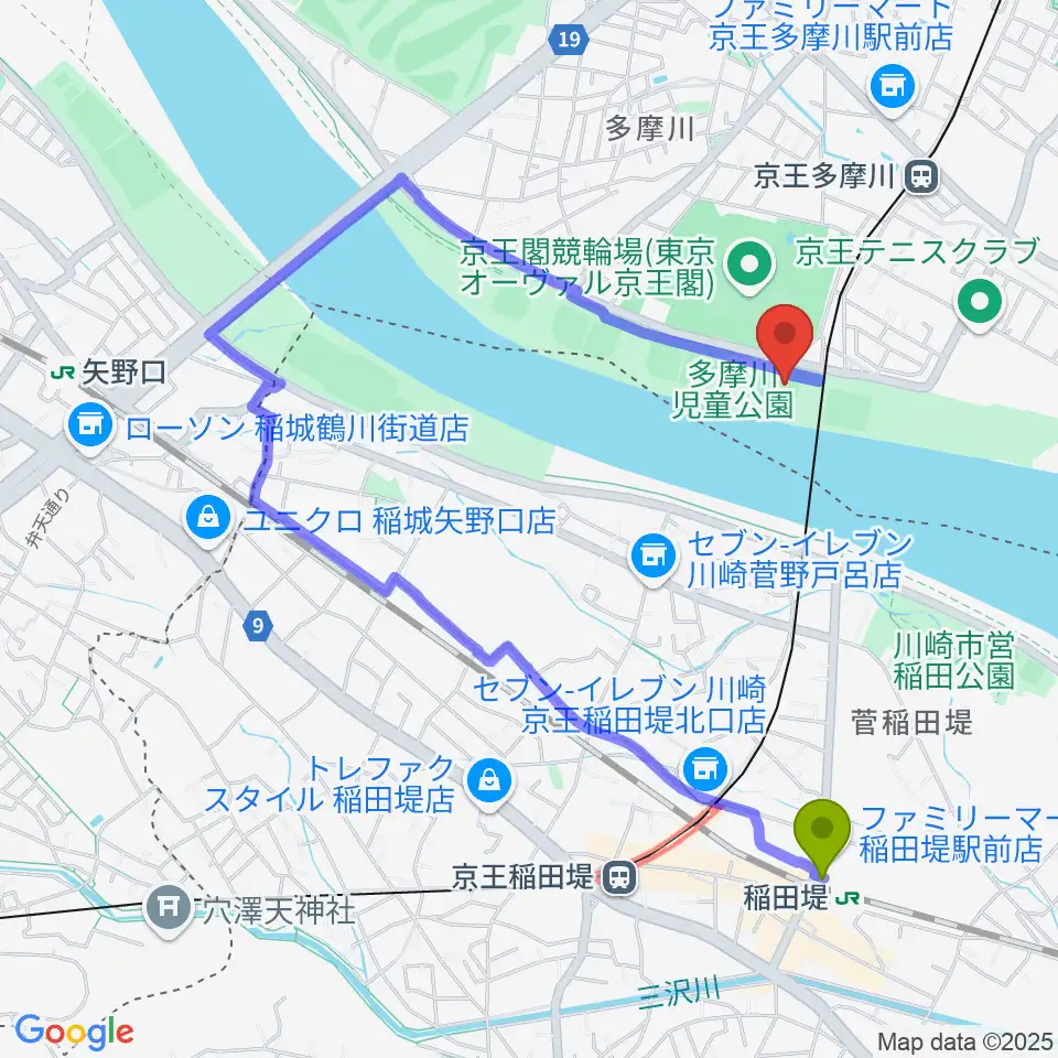 稲田堤駅から多摩川児童公園ソフトボール場へのルートマップ地図