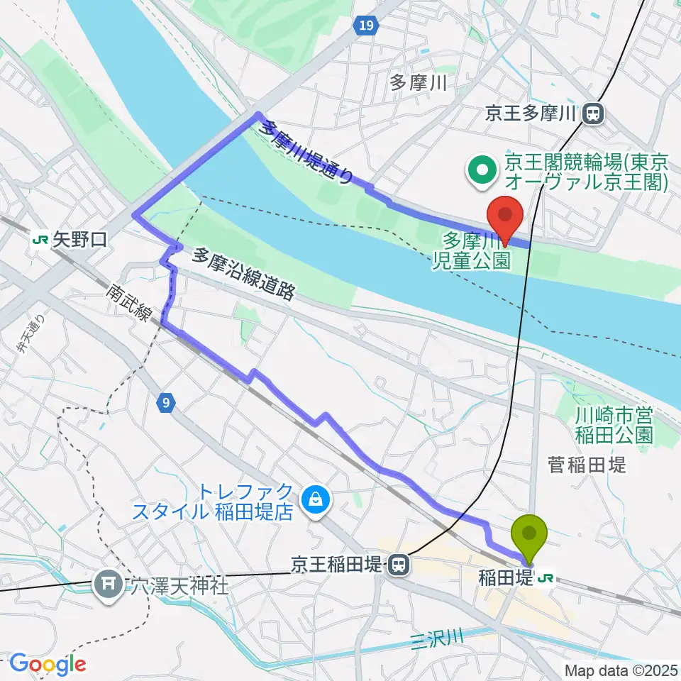 稲田堤駅から多摩川児童公園ソフトボール場へのルートマップ地図