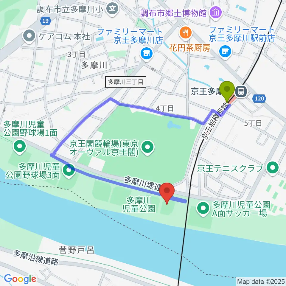 多摩川児童公園ソフトボール場の最寄駅京王多摩川駅からの徒歩ルート（約6分）地図