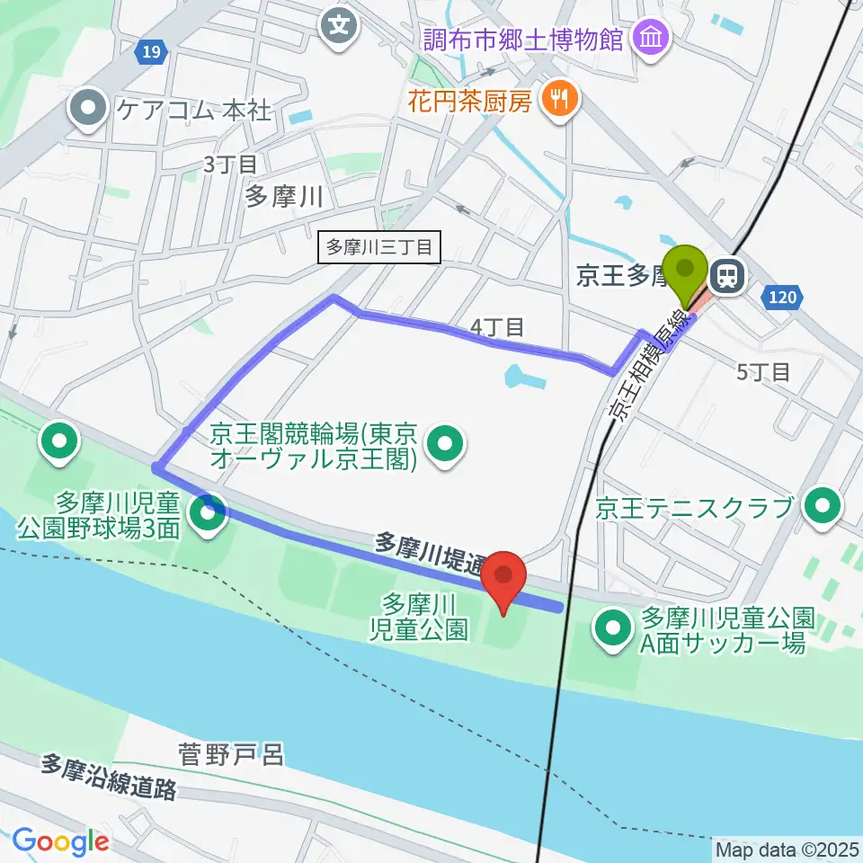 多摩川児童公園ソフトボール場の最寄駅京王多摩川駅からの徒歩ルート（約6分）地図