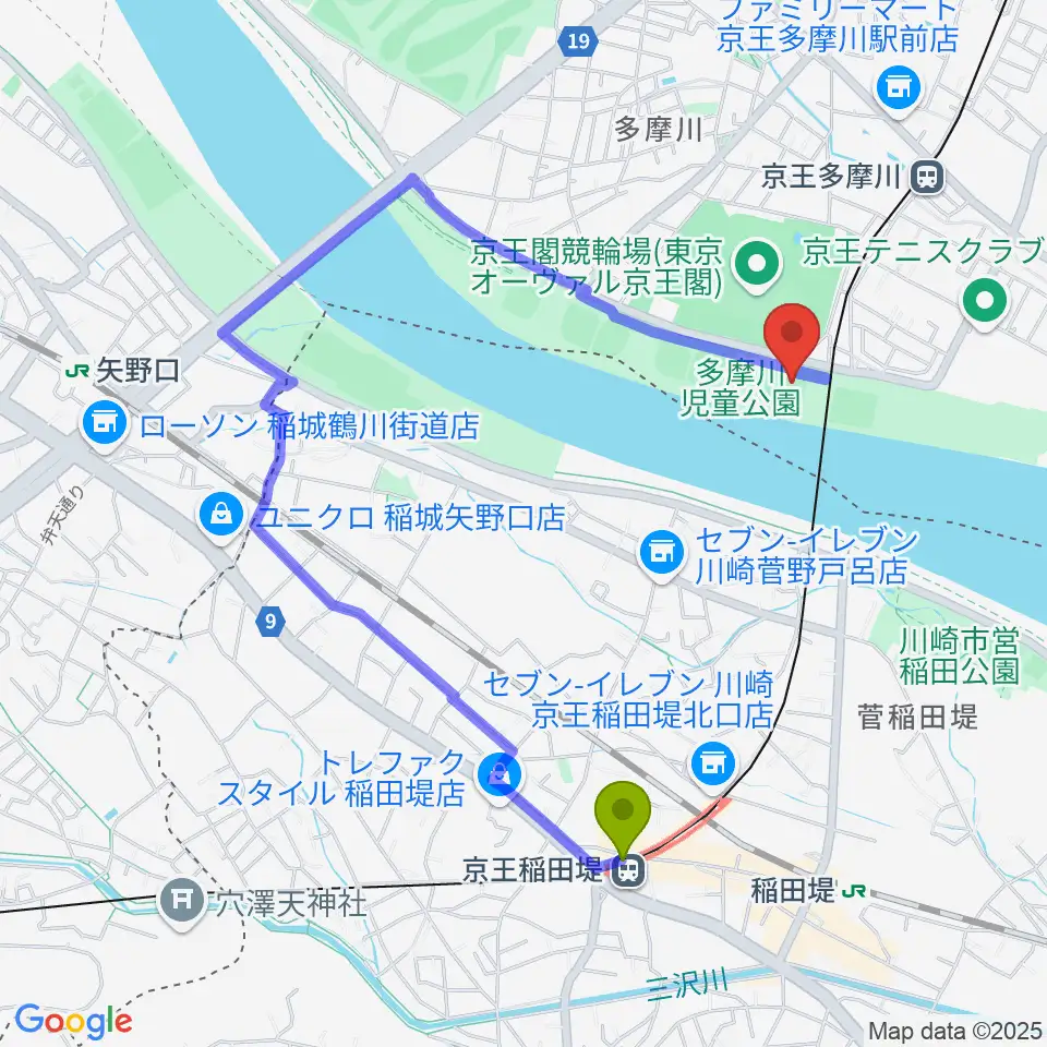 京王稲田堤駅から多摩川児童公園ソフトボール場へのルートマップ地図