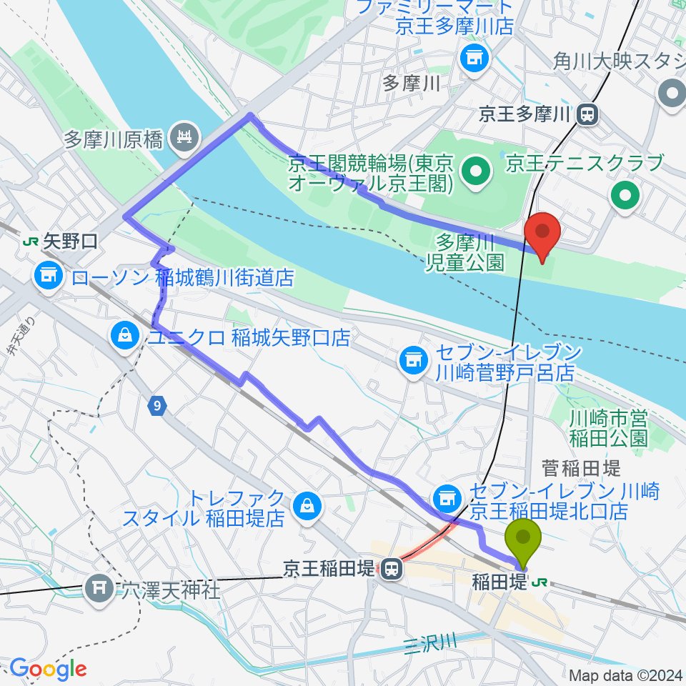 稲田堤駅から多摩川児童公園サッカー場へのルートマップ地図