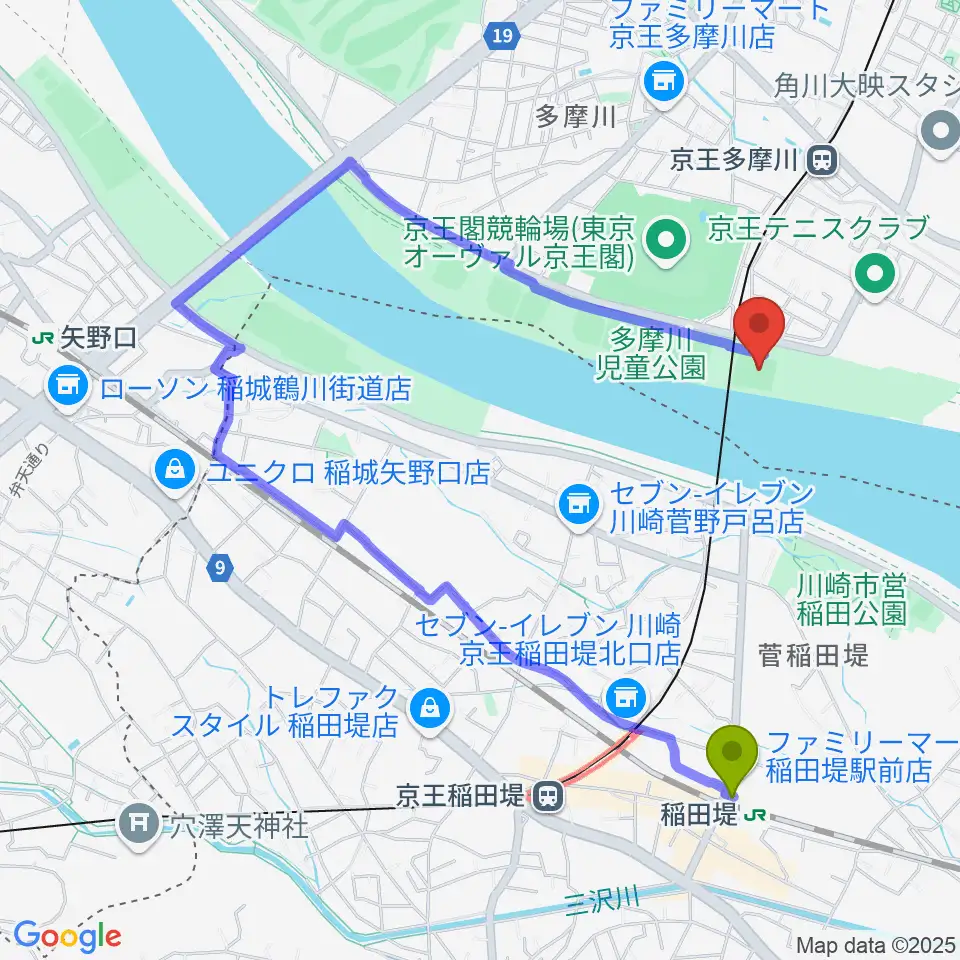 稲田堤駅から多摩川児童公園サッカー場へのルートマップ地図