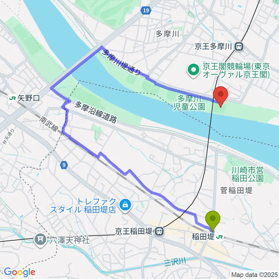 稲田堤駅から多摩川児童公園サッカー場へのルートマップ地図