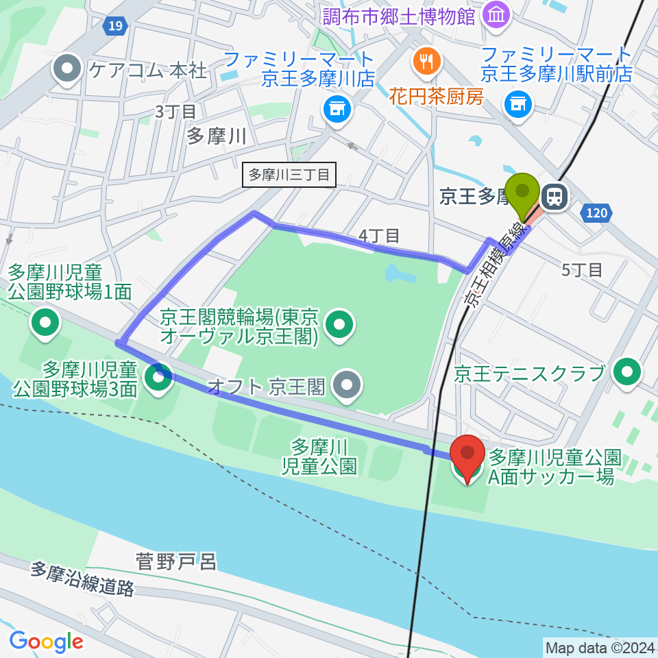 多摩川児童公園サッカー場の最寄駅京王多摩川駅からの徒歩ルート（約6分）地図