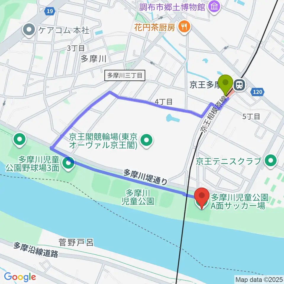 多摩川児童公園サッカー場の最寄駅京王多摩川駅からの徒歩ルート（約6分）地図