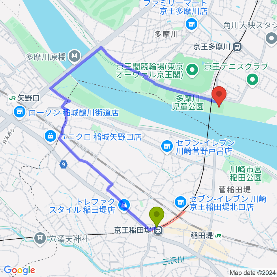 京王稲田堤駅から多摩川児童公園サッカー場へのルートマップ地図