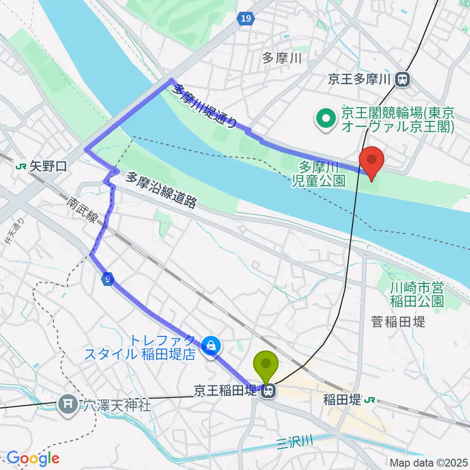 京王稲田堤駅から多摩川児童公園サッカー場へのルートマップ地図