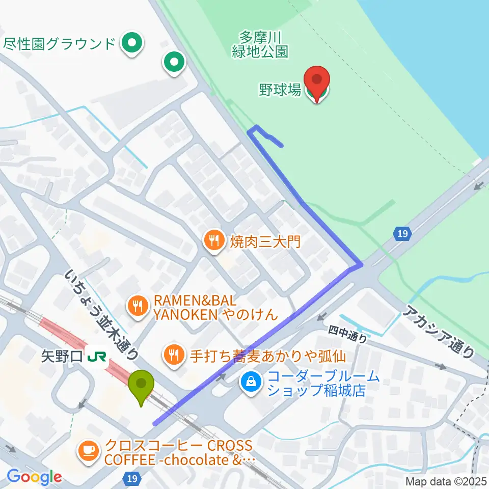 多摩川緑地公園野球場の最寄駅矢野口駅からの徒歩ルート（約6分）地図