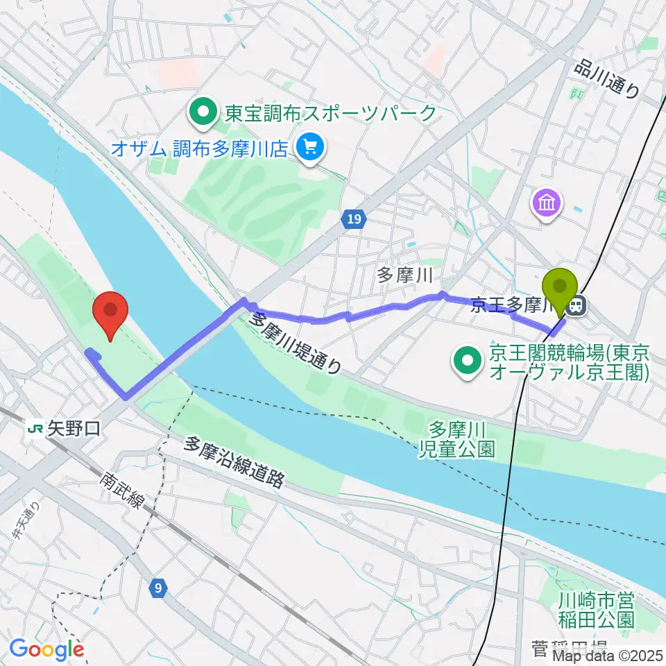 京王多摩川駅から多摩川緑地公園野球場へのルートマップ地図