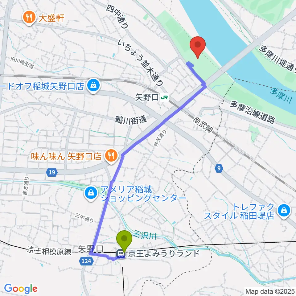 京王よみうりランド駅から多摩川緑地公園野球場へのルートマップ地図