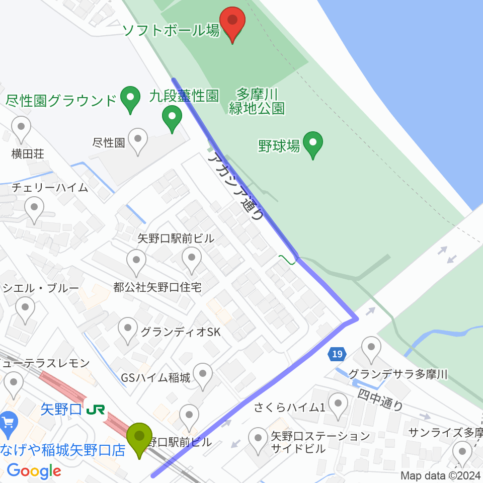 多摩川緑地公園ソフトボール場の最寄駅矢野口駅からの徒歩ルート（約7分）地図