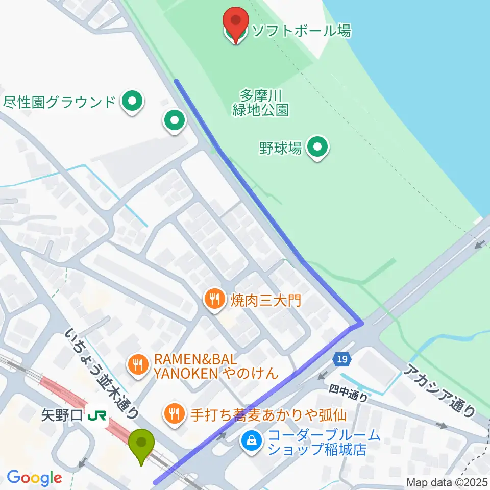 多摩川緑地公園ソフトボール場の最寄駅矢野口駅からの徒歩ルート（約7分）地図