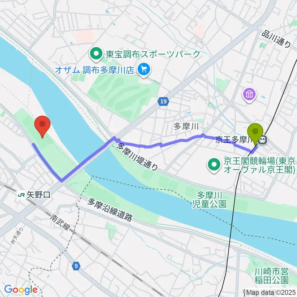京王多摩川駅から多摩川緑地公園ソフトボール場へのルートマップ地図