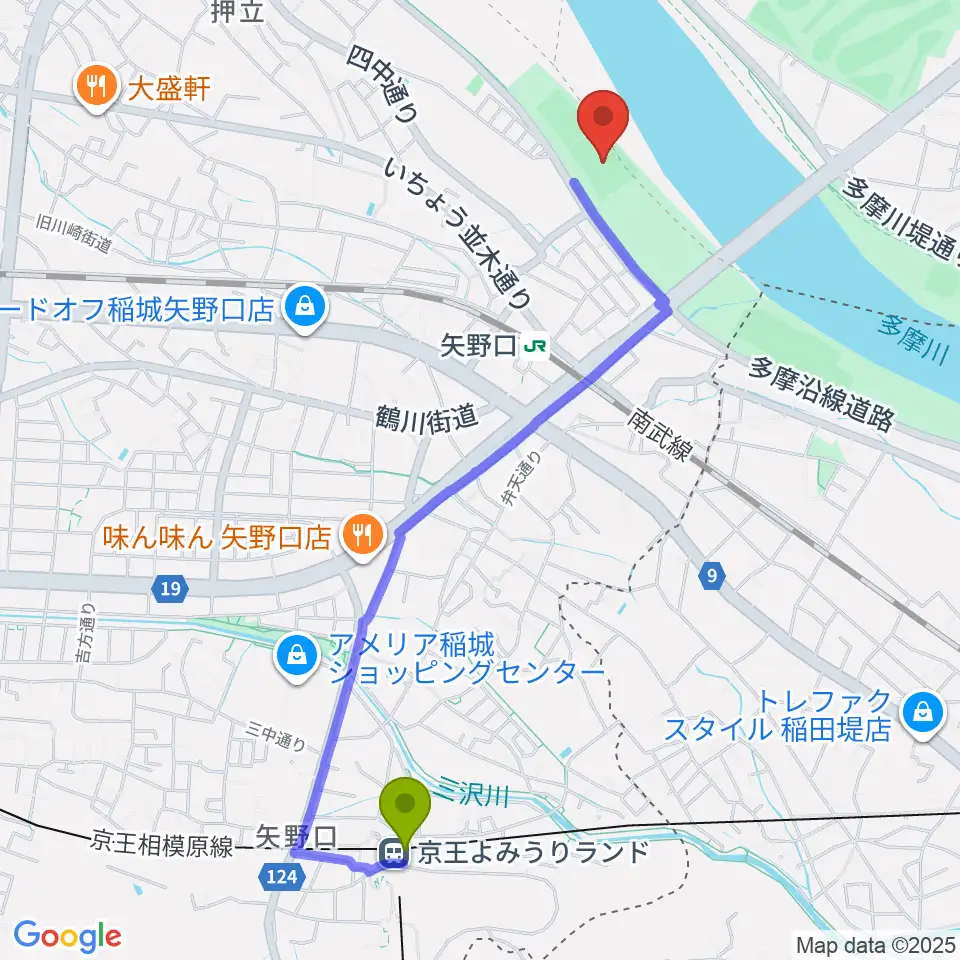 京王よみうりランド駅から多摩川緑地公園ソフトボール場へのルートマップ地図