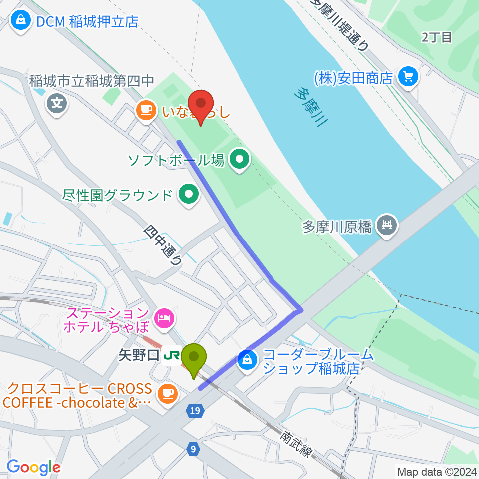 多摩川緑地公園多目的広場の最寄駅矢野口駅からの徒歩ルート（約8分）地図