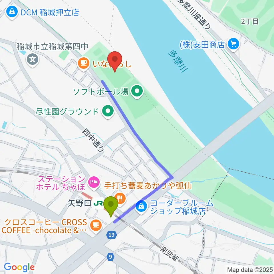 多摩川緑地公園多目的広場の最寄駅矢野口駅からの徒歩ルート（約8分）地図