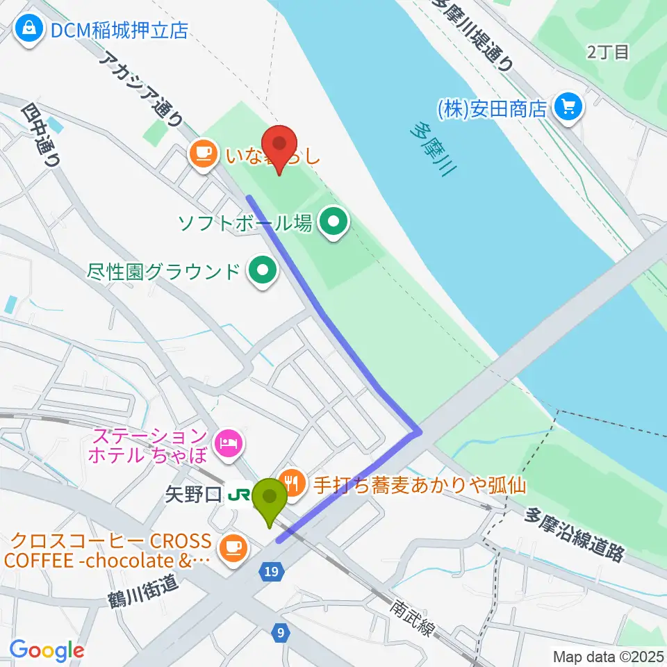 多摩川緑地公園多目的広場の最寄駅矢野口駅からの徒歩ルート（約8分）地図