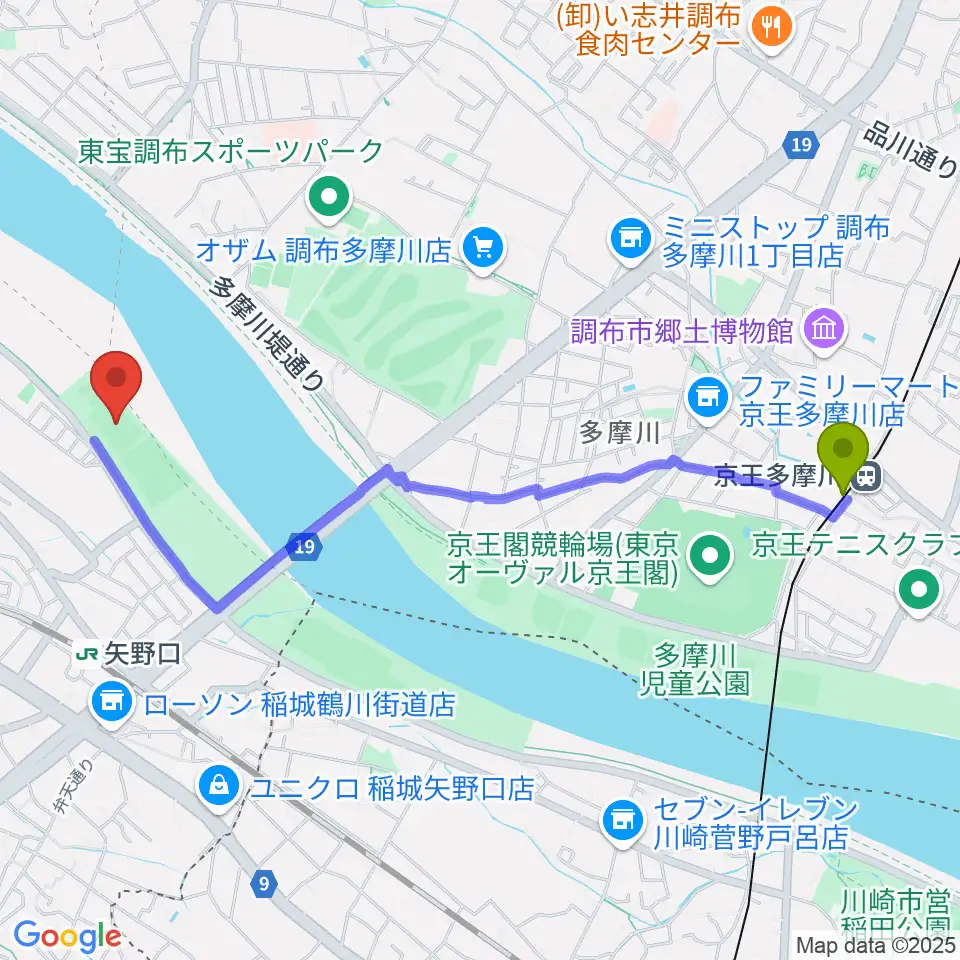 京王多摩川駅から多摩川緑地公園多目的広場へのルートマップ地図