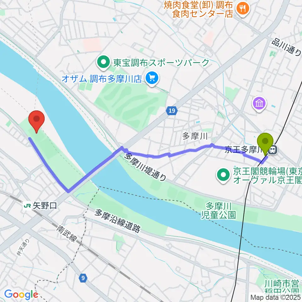 京王多摩川駅から多摩川緑地公園多目的広場へのルートマップ地図