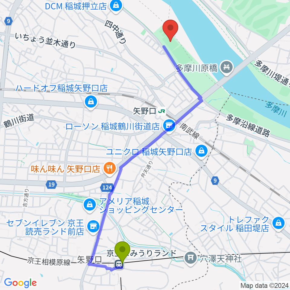 京王よみうりランド駅から多摩川緑地公園多目的広場へのルートマップ地図