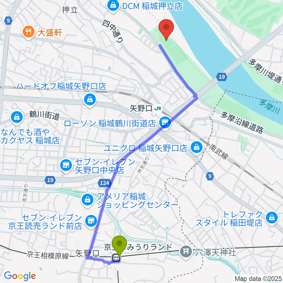 京王よみうりランド駅から多摩川緑地公園多目的広場へのルートマップ地図