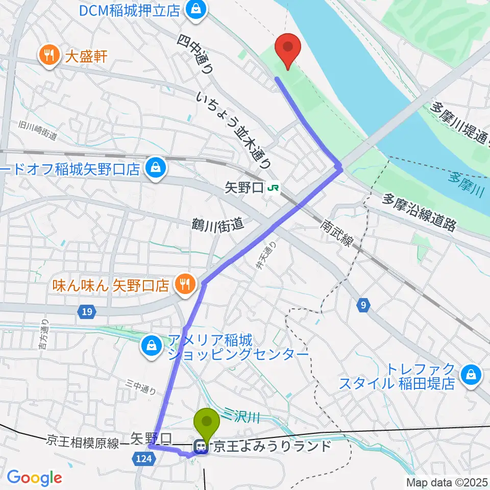 京王よみうりランド駅から多摩川緑地公園多目的広場へのルートマップ地図