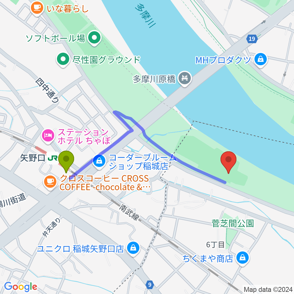 多摩川緑地菅少年野球場の最寄駅矢野口駅からの徒歩ルート（約9分）地図