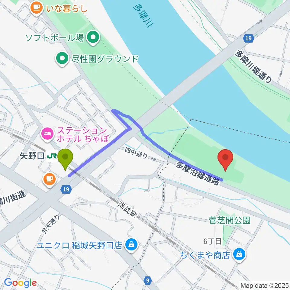 多摩川緑地菅少年野球場の最寄駅矢野口駅からの徒歩ルート（約9分）地図